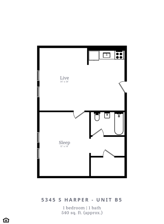 Floor plan for 1 bed, 1 bath, 540 sqft